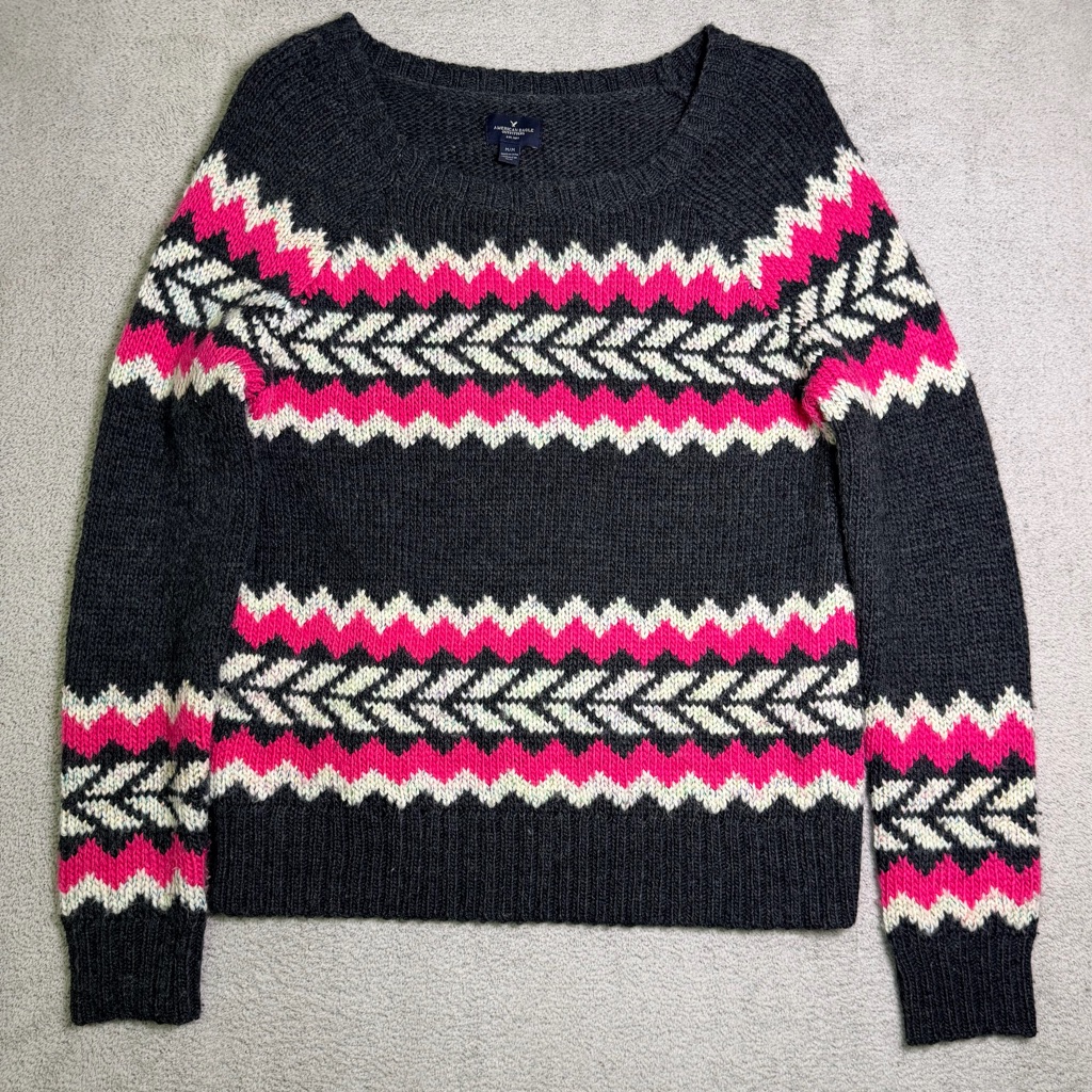 American Eagle Fair Isle Sweater Women’s M Pink Wool Blend Nordic Chunky Knit
